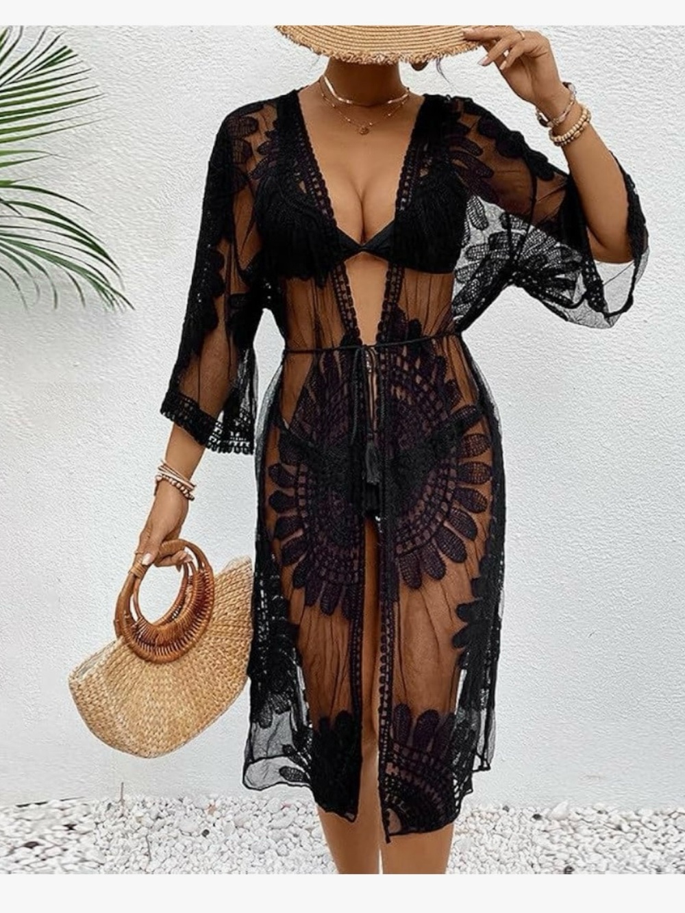Aster Women’s Black Lace Bell Sleeves Midi Kimono . Size M/L